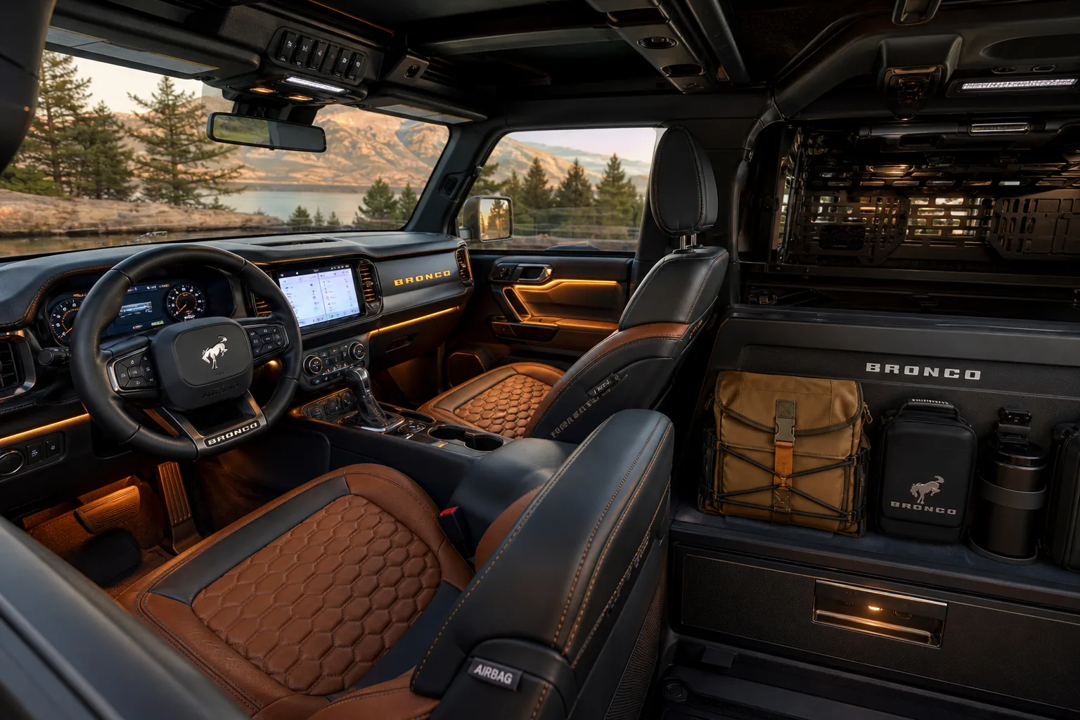 Ford Bronco interior with Mabett seat covers and LED lighting